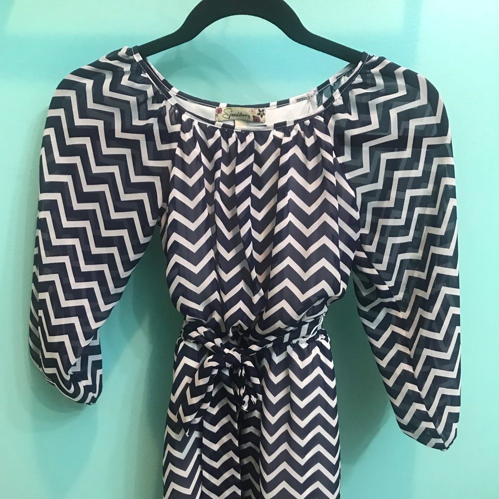 Girls Navy & White Chevron Dress